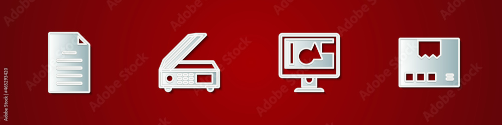 Poster set file document, scanner, computer monitor screen and carton cardboard box icon. vector