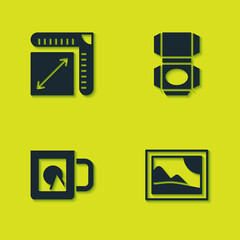 Set Paper size, Picture landscape, Coffee cup and Carton cardboard box icon. Vector