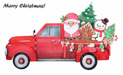 Red truck with Christmas gingerbread. Watercolor illustration on a white background. Santa Claus, snowman, Christmas tree.