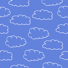 Hand-drawn seamless pattern with cute clouds, stars on a gray background.