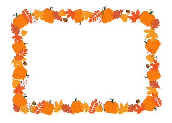 Rectangular Autumn frame. Pumpkins, leaves, berries and acorns. Background for autumn decorative design