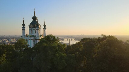 Aerial view of Kiev, Ukraine: St. Andrew's Church in the morning.