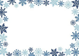 Horizontal frame of blue snowflakes. Ice crystal winter symbol. Template for winter design. 