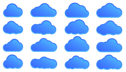 Cartoon clouds isolated on blue sky panorama vector collection. Cloudscape on white sky, vector blue clouds illustration
