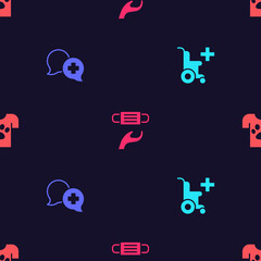 Set Wheelchair for disabled person, Dialogue with doctor, Medical protective mask and Animal volunteer on seamless pattern. Vector