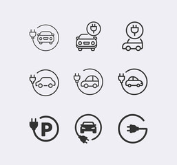 Electric car icon set. Electrical automobile cable contour and plug charging black symbol. Eco friendly electro auto vehicle concept. Vector electricity illustration
