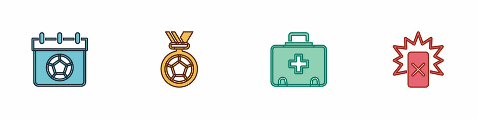 Set Football or soccer calendar, medal, First aid kit and Red card football icon. Vector