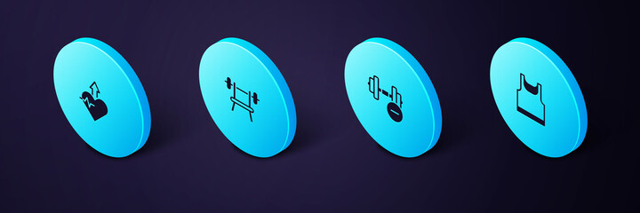 Set Isometric Sleeveless t-shirt, Dumbbell, Bench with barbell and Heartbeat increase icon. Vector
