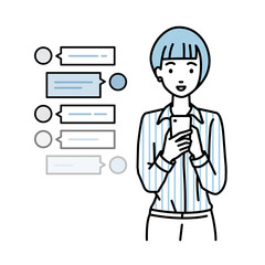 立ってスマートフォンで楽しくチャットで会話するブラウスの女性