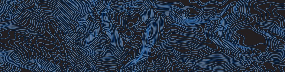 The Blue on black contours vector topography stylized height of the lines. The concept of a conditional geography scheme and the terrain path. Wide size. Map on land vector terrain Illustration.