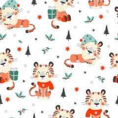 Cute tiger cub on a seamless pattern. Festive New Year's pattern for different types of printing.
