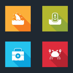 Set Shark fin in ocean wave, Location with anchor, First aid kit and Crab icon. Vector