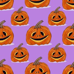 Pumpkin seamless pattern. Watercolor hand painted illustration. Halloween background, autumn collection