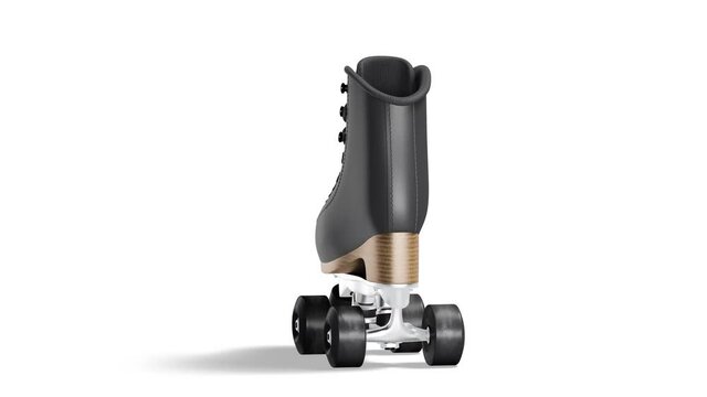 Blank black roller skates with wheels mock up, looped rotation, 3d rendering. Empty old-fashioned shoelace mockup, isolated on white background, 4k video. Clear rotating skating equipment template.