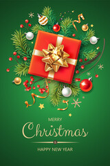 Vertical banner with Christmas symbols and text. Christmas tree, gifts, balls, decoration and other festive elements on green background.