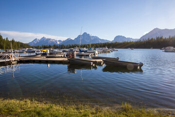 Obraz premium Jackson Lake Colter Bay Overlook in Grand Teton National Park during summer Wyoming. Ranger Peak and Mount Moran.