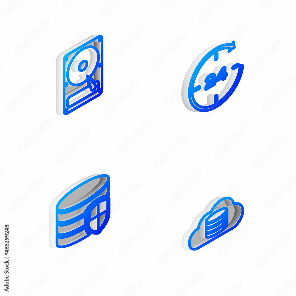 Aufkleber set isometric line clock 24 hours, hard disk drive hdd, database protection and cloud database icon.