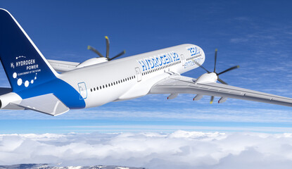 Fototapeta na wymiar Blue Hydrogen filled H2 Aeroplane flying in the sky - future H2 energy concept.