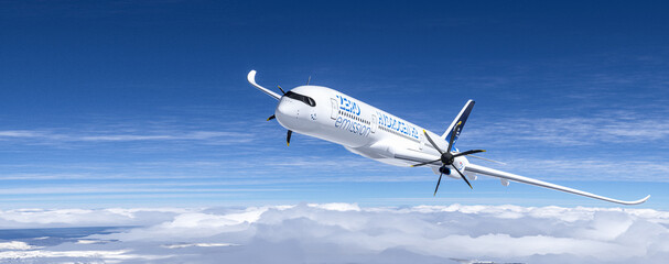 Blue Hydrogen filled H2 Aeroplane flying in the sky - future H2 energy concept.