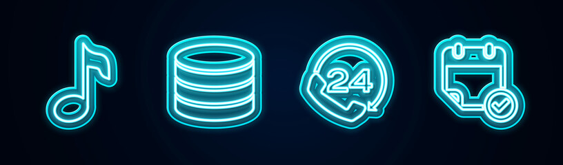 Set line Music note, tone, Database, Telephone 24 hours support and Calendar with check mark. Glowing neon icon. Vector