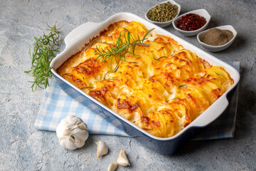 Potato gratin - graten (baked potatoes with cream and cheese) with rosemary and forks (Turkish name; Kremali patates)