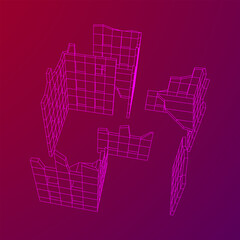 Destroyed building ruin and concrete, war destruction concept. Wireframe low poly mesh vector illustration.