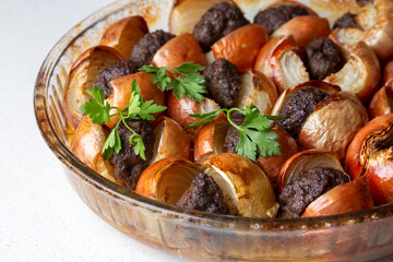 Traditional Turkish food; Onion kebab (Turkish name; Sogan kebabi) Local food of Gaziantep region