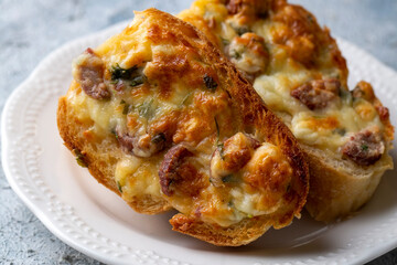 Breakfast bread slice, bread slice pizza, Turkish cheese on breakfast bread, sausage