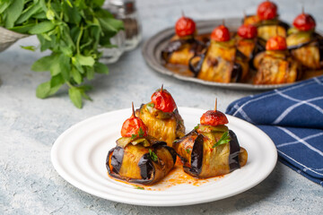 Traditional delicious Turkish food; Kofte kebab wrapped in eggplant (Turkish name; Islim - islim kebabi or kurdan kebabi)