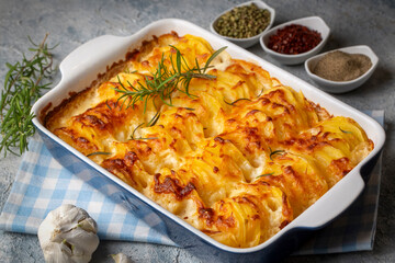 Potato gratin - graten (baked potatoes with cream and cheese) with rosemary and forks (Turkish name; Kremali patates)