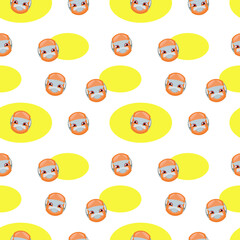White with orange smiling robot with yellow elements seamless vector pattern