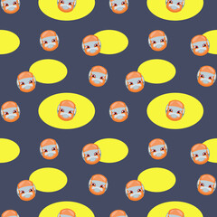 Dark gray with orange smiling robot with yellow elements seamless vector pattern