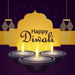 Creative vector illustration of happy diwali celebration greeting card with diwali diya on purple background