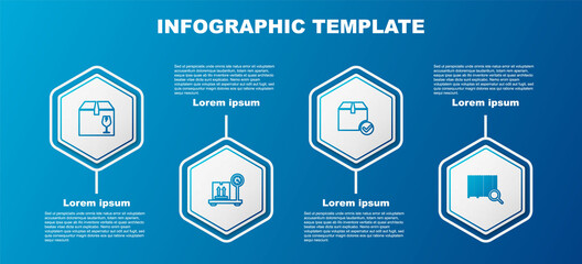 Set line Delivery box with fragile content, Scale cardboard, Package check mark and Search barcode. Business infographic template. Vector
