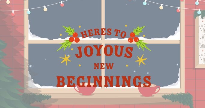 Composition of heres to joyous new beginnings text over christmas decorations and window - Powered by Adobe