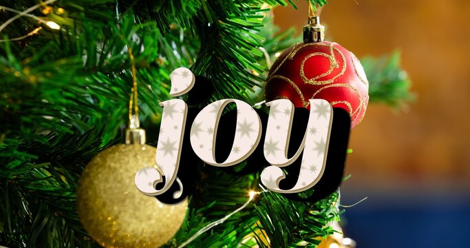 Composition Of Joy Text Over Christmas Tree With Baubles