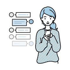 立ってスマートフォンで楽しくチャットで会話するリモートワークの女性