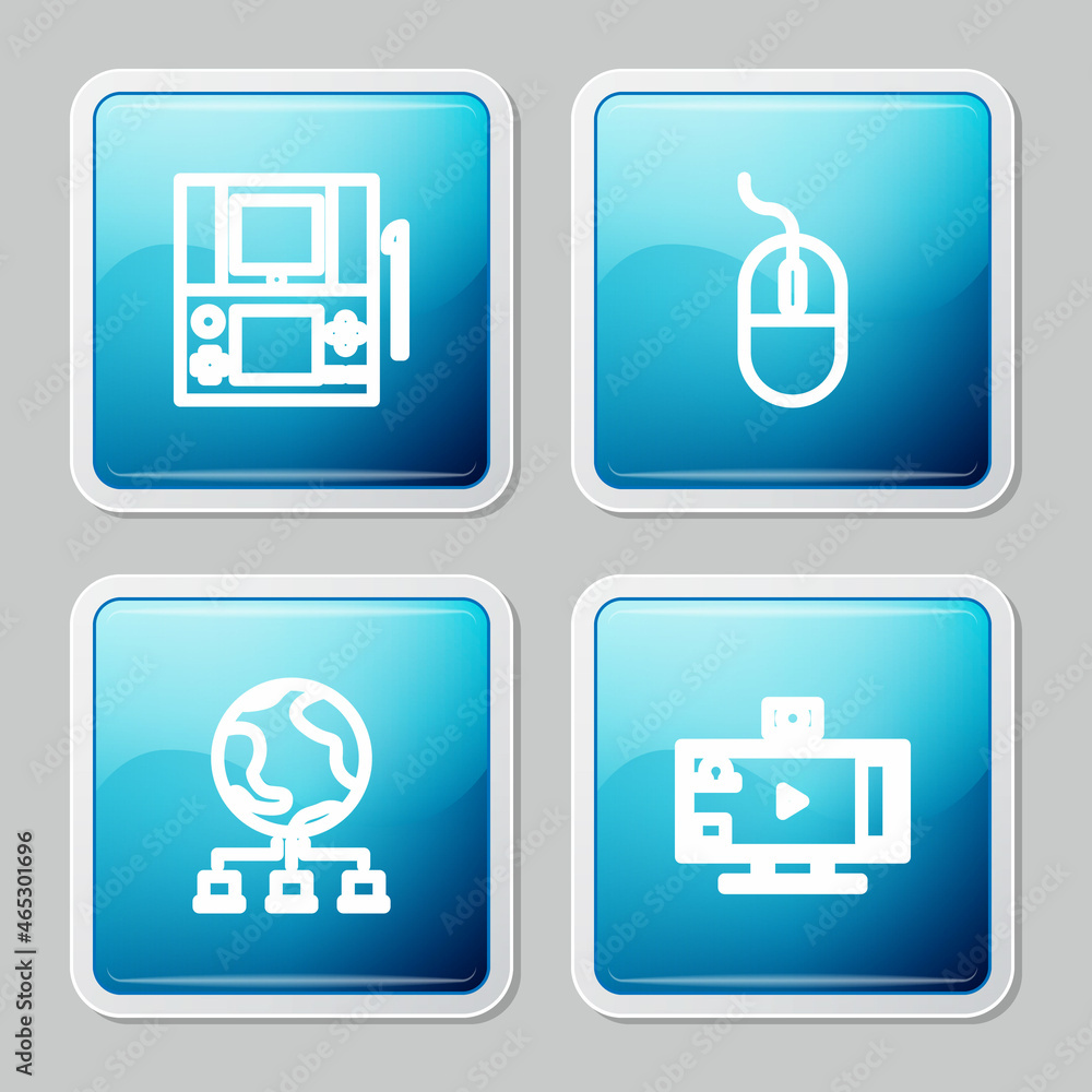 Aufkleber set line portable video game console, computer mouse, network and live streaming online icon. vector