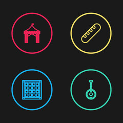 Set line Checkered napkin, Banjo, French baguette bread and Camping tent icon. Vector