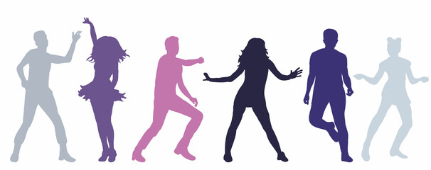multicolored silhouette dancing people vector, isolated