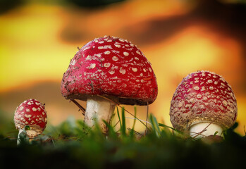 Three red mushrooms in the forest - obrazy, fototapety, plakaty