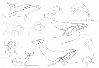fish, whale, dolphin, one continuous line drawing set vector