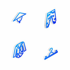 Set Isometric line Camouflage cargo pants, Asian conical hat, Blazer or jacket and Hanger wardrobe icon. Vector
