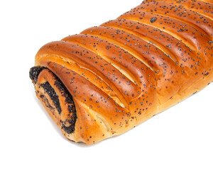 Baked poppy seed strudel product isolated on the white background