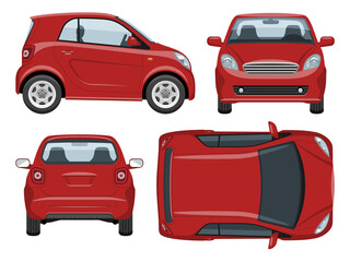 Small car vector template with simple colors without gradients and effects. View from side; front; back; and top