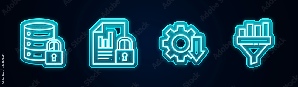 Poster set line server security with lock, document and, cost reduction and sales funnel chart. glowing neo