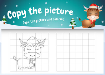 Copy the picture kids game and coloring page with a cute buffalo using christmas costume