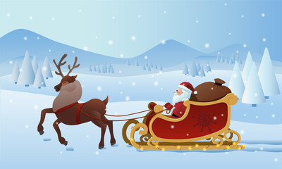 Christmas or New Year card in horizontal view. Santa Claus and Reindeer are carrying Christmas gifts in a sack through the snow in a sleigh. Vector illustration in cartoon style 