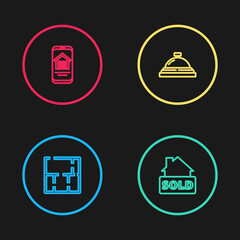 Set line House plan, Hanging sign with text Sold, Hotel service bell and Online real estate house icon. Vector