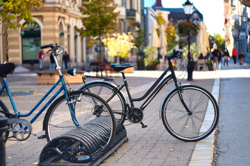 Fototapeta na wymiar Sunny morning and vintage bicycles on the street of historic Subotica city in Vojvodina, Serbia
